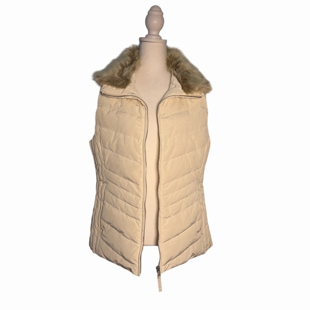Talbots Cream Quilted Puffer Vest with Faux Fur Collar